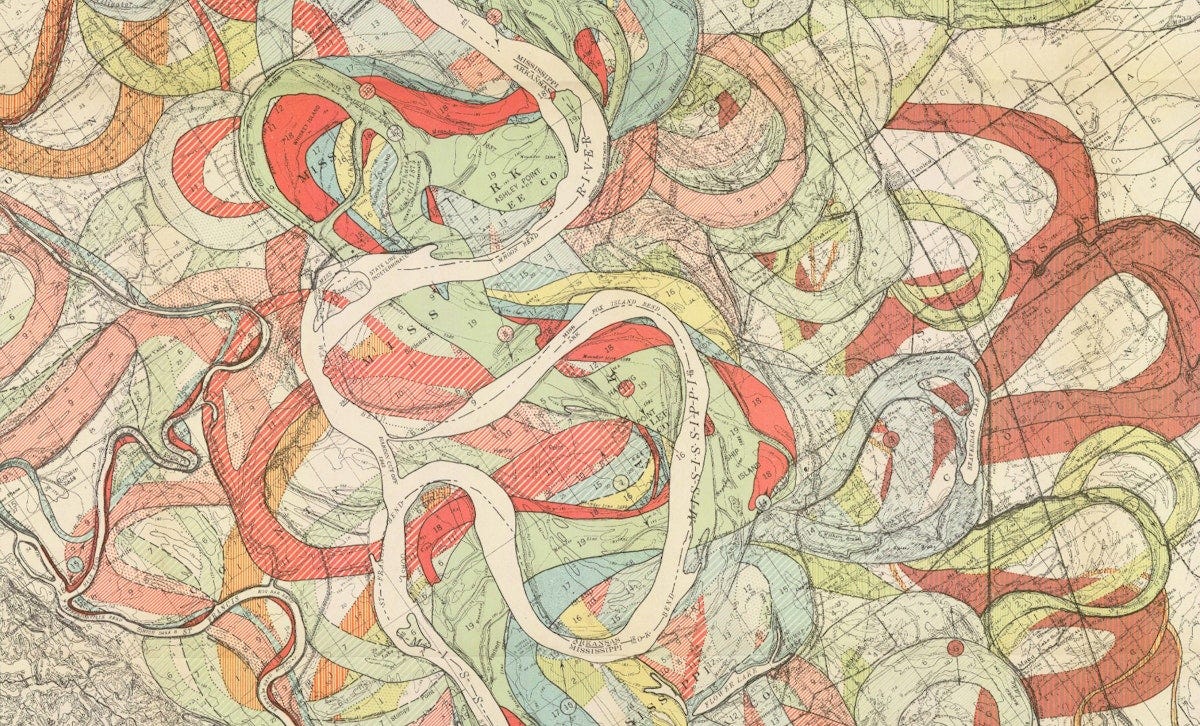 An organic drawing of swirling shapes in different shades of pink and pastel blue and green over a grid. These fluid objects intersect almost like snakes coiling together