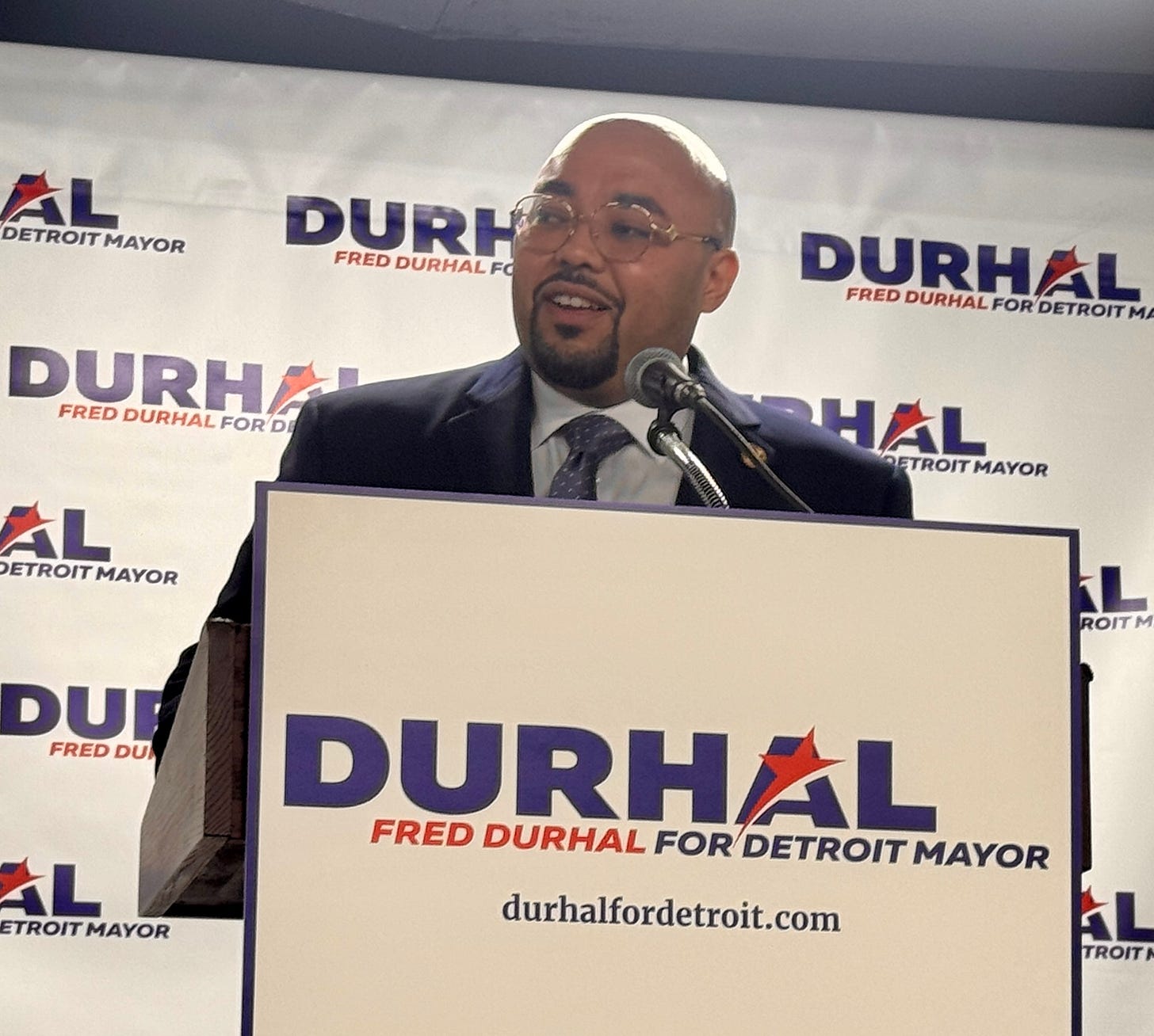 Detroit City Council member Fred Durhal III announces his run for mayor. “One thing you can be sure of is that Durhal delivers,” he said on stage. Photo: Samuel RobinsonDetroit City Council member Fred Durhal III announces his run for mayor. “One thing you can be sure of is that Durhal delivers,” he said on stage. Photo: Samuel Robinson