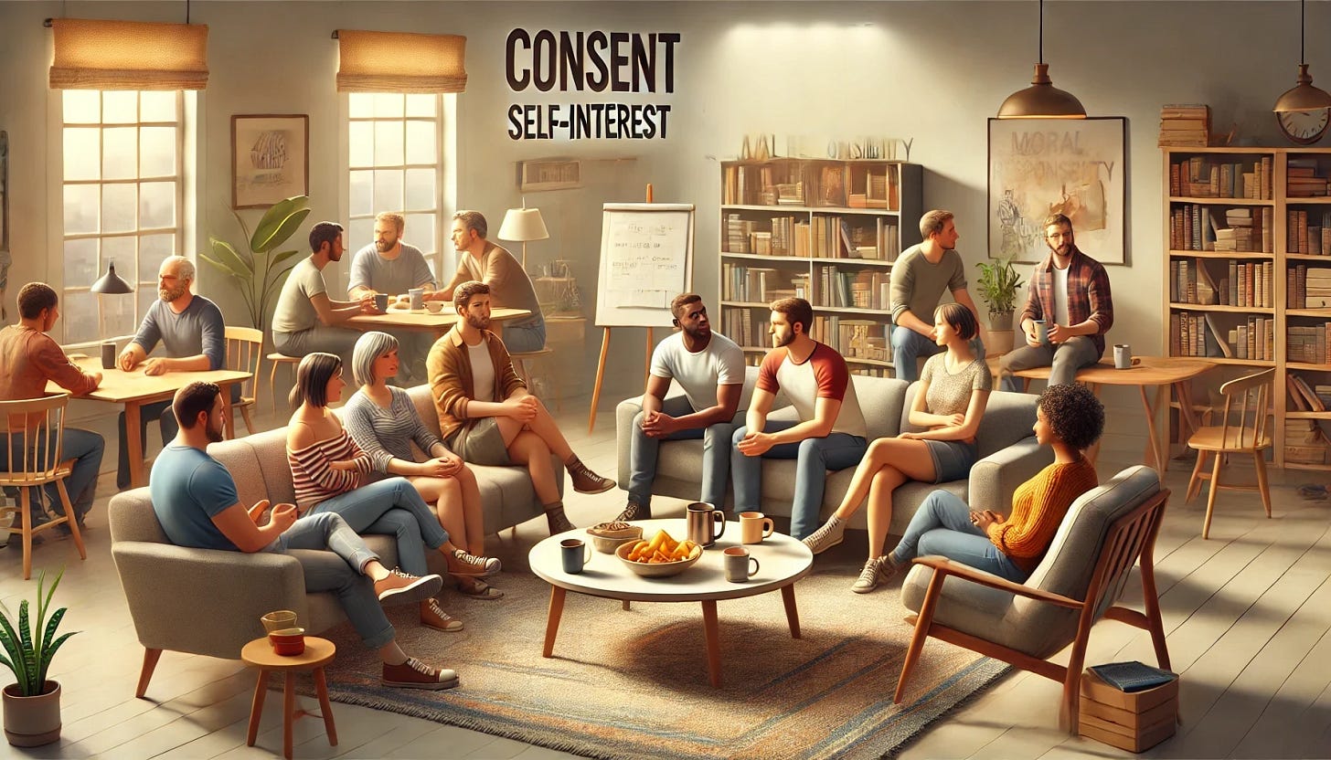 An informal and relaxed image illustrating people casually discussing consent, self-interest, and moral considerations. A diverse group of individuals sits on couches and chairs in a cozy living room setting, with coffee mugs and snacks on a central table. Their body language is open and conversational, reflecting a comfortable and friendly dialogue. The background features bookshelves and soft lighting, creating a warm atmosphere, fostering open discussion.