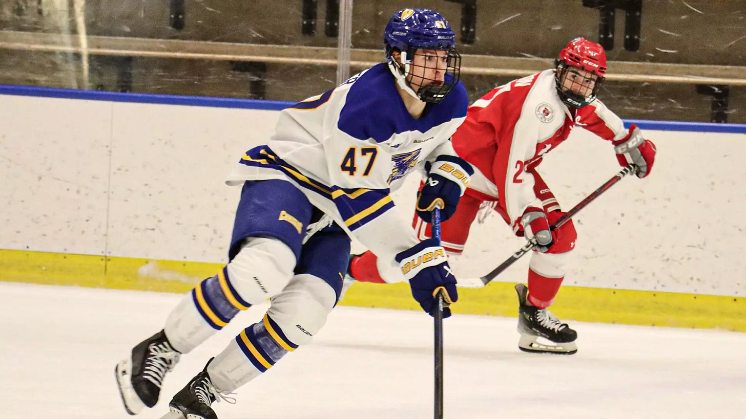 Canisius forward Grant Porter skates with the puck during game action versus RPI at LECOM Harborcenter on Oct. 12, 2024