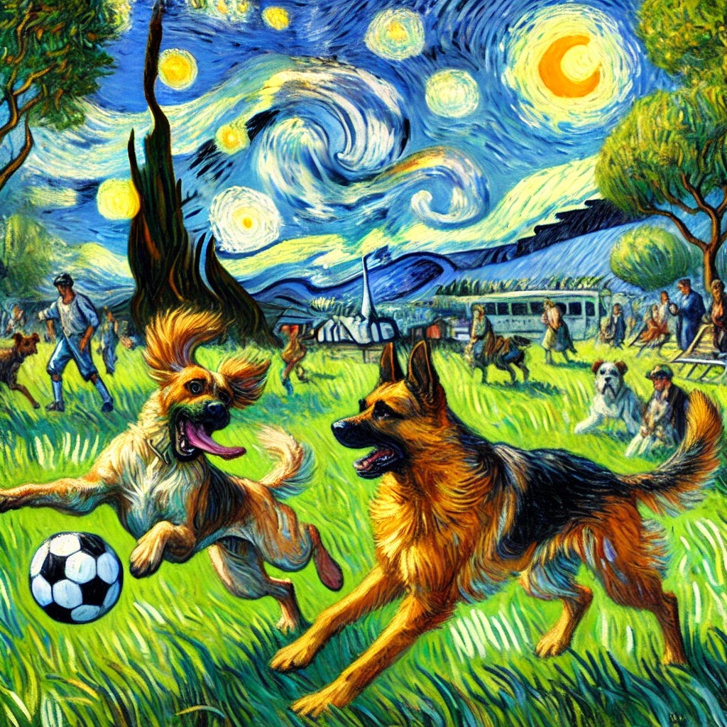 A vibrant painting in the style of Van Gogh depicting two dogs, one a German Shepherd and the other a Boxer, energetically playing with a soccer ball in a lively park. The setting includes lush green grass and a few scattered trees, with swirling brush strokes capturing the motion and excitement. In the background, a distant urban environment with tall buildings and a hint of a city skyline is visible, painted in Van Gogh's distinctive dynamic strokes and vivid colors. The scene is infused with a sense of joy and movement, emphasizing the textures and light characteristic of Van Gogh's work.