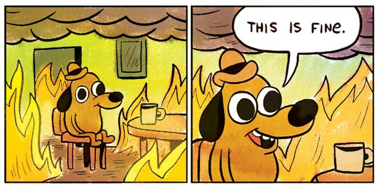 Panel from KC Green's web comic, "On Fire". A dog wearing a hat sits on a chair  at a table with a cup of coffee on it, in a flaming room. IN the next panel the dog says "This is fine"