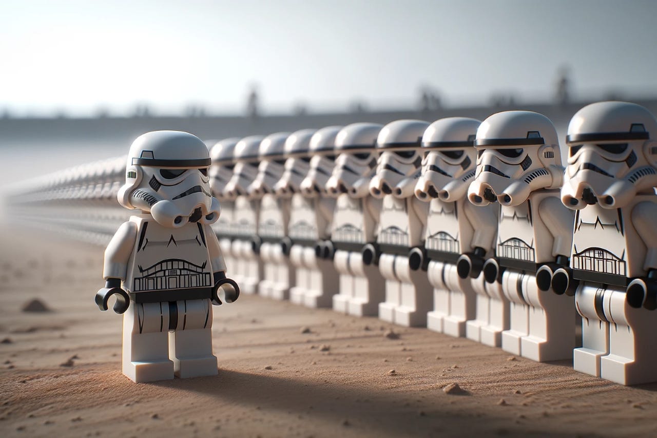 Lego Stormtroopers standing in a line in perfect uniformity, but one of them stands out of line with his face tilted left and looking at the group as if questioning their actions.