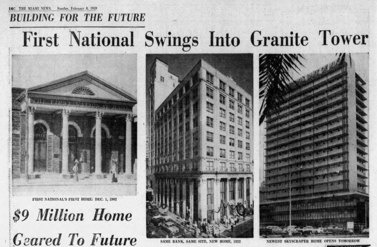 Article in the Miami News on Sunday, February 8, 1959, announcing the grand opening of the First National Bank’s new corporate headquarters at 100 Biscayne Boulevard.