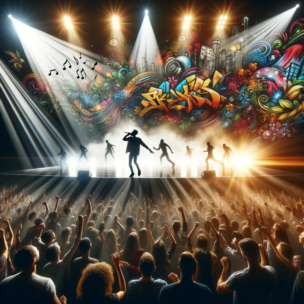 A dynamic stage with a singer performing passionately, graffiti art cascading from above, and a huge, enthusiastic audience. The stage is illuminated with vibrant lights, capturing the energy of the performance. The singer is in mid-action, engaging with the crowd, while the graffiti adds a touch of urban artistry. The audience is diverse, cheering, and completely absorbed in the moment.