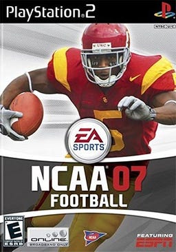 The PlayStation 2 cover of NCAA Football 07, featuring USC Trojan running back Reggie bush, a muscular young man running, seemingly making a jump-cut, in a cardinal jersey with gold highlights, and the number "619" for his childhood area code, written in white on his eyeblack.