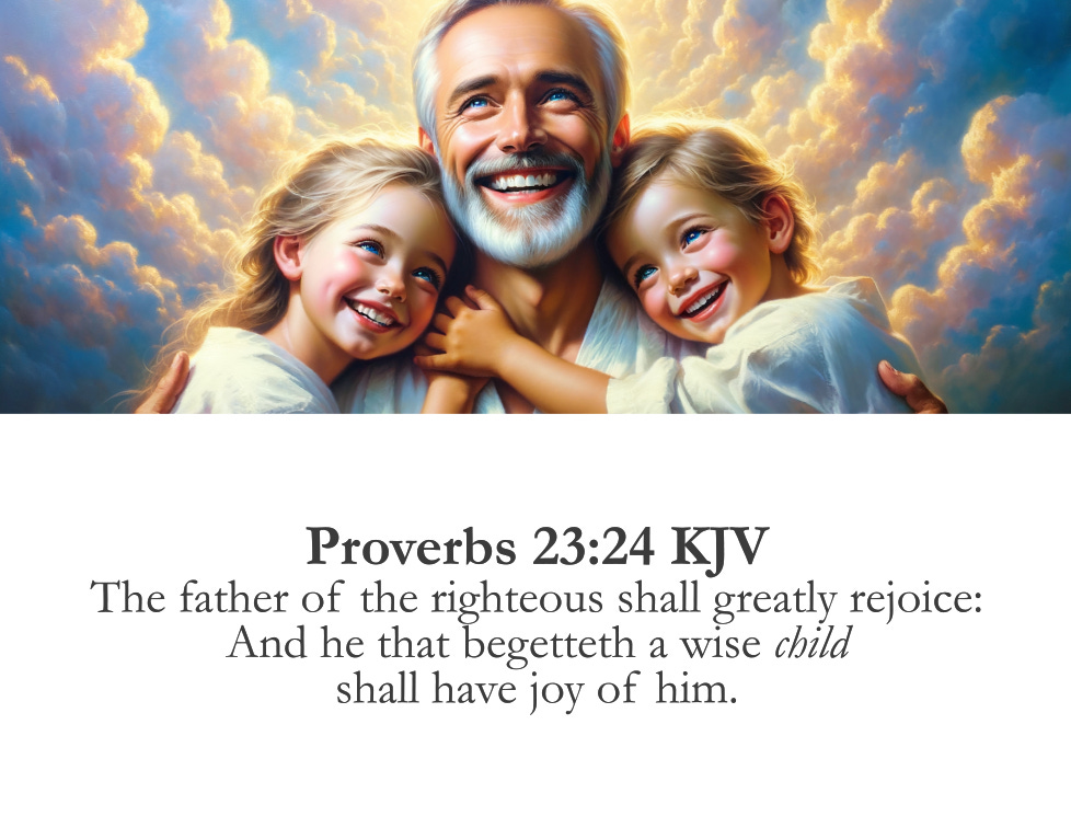 An illustration of a smiling Western European father or grandfather, with a white beard, joyfully embracing his two young children, all wearing light-colored clothing, joyfully embracing each other. They are surrounded by a background of soft, glowing clouds with hints of sunlight. The man and children have bright, happy expressions. Below the illustration is a Bible verse from Proverbs 23:24 (KJV) that reads: "The father of the righteous shall greatly rejoice: and he that begetteth a wise child shall have joy of him."