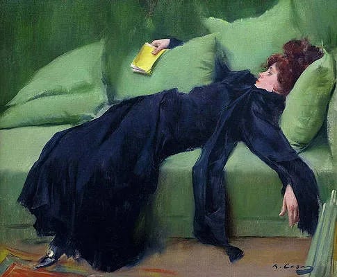 Painting of a woman languishing on a sofa with a book.