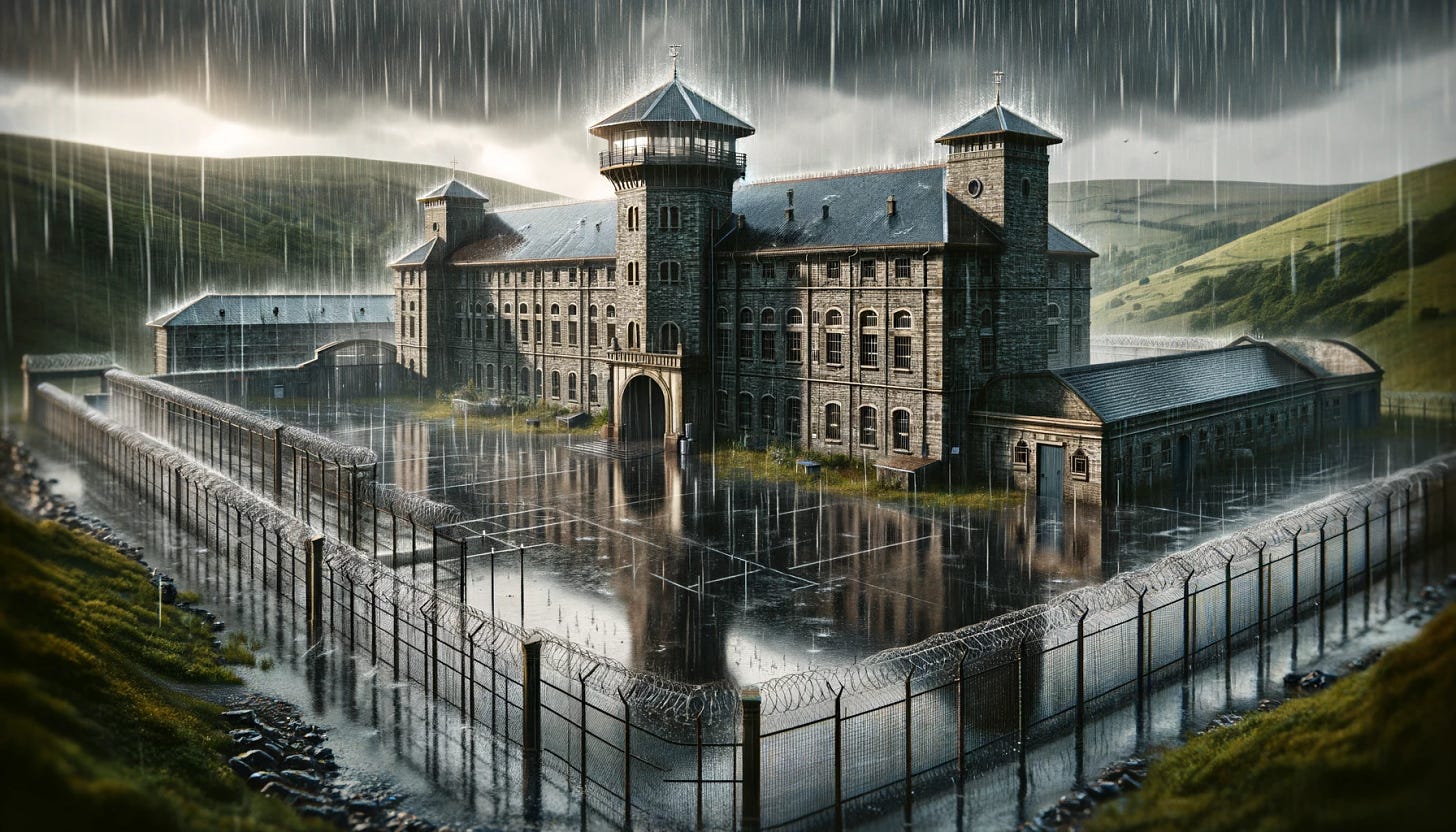 A realistic depiction of a British prison in the rain. The prison is a large, imposing stone building with barred windows and high walls, surrounded by tall, barbed-wire fences and watchtowers. Rain pours down heavily, creating puddles and a wet, reflective surface on the ground. The sky is dark and overcast, adding to the somber and dramatic atmosphere. The prison is set against a backdrop of rolling green hills and scattered trees, characteristic of the British countryside, but the rain blurs and darkens the scenery.