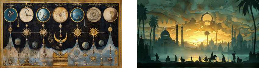 A split image depicting two scenes. The left side shows a detailed cosmic illustration with celestial bodies, stars, and astrological symbols arranged in a harmonious composition. The right side portrays a serene silhouette of a cityscape at sunset, featuring domed buildings, minarets, palm trees, and figures on camels and foot.