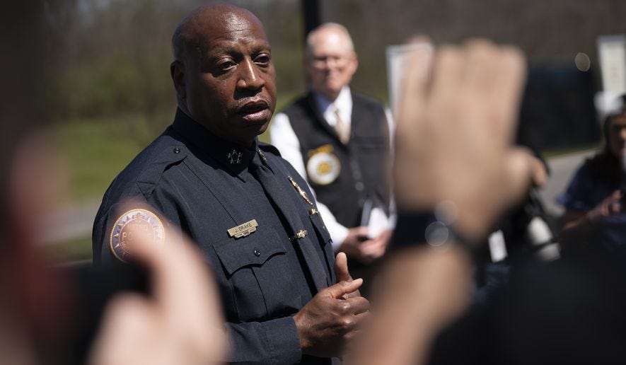 Metro Nashville Police Chief John Drake speaks to the media following a mass shooting at Covenant School,  Monday, March 27, 2023 in Nashville, Tenn. The shooter was killed by police on the scene. (Andrew Nelles/The Tennessean via AP)