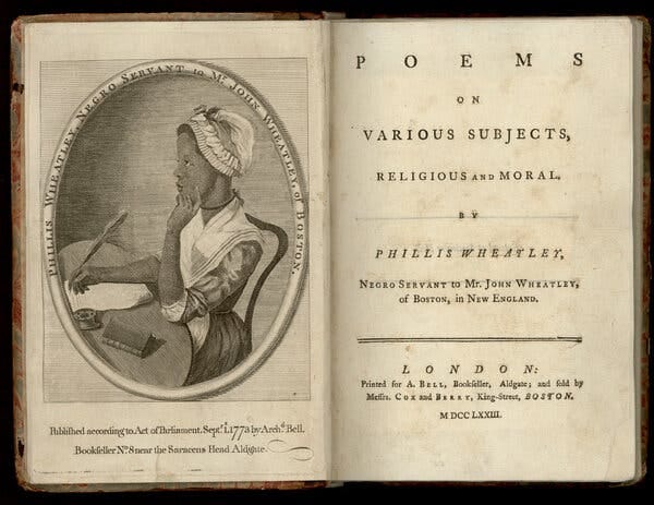 An old book opened to two pages, with a picture of the poet Phillis Wheatley and the title of the publication.