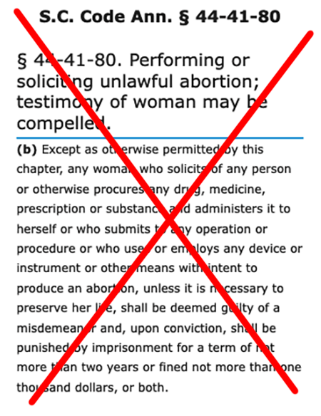 S.C. Code Ann. § 44-41-80 criminalizing self-managed abortions was repealed.