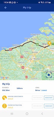 Route from Calais to service station near Ghent