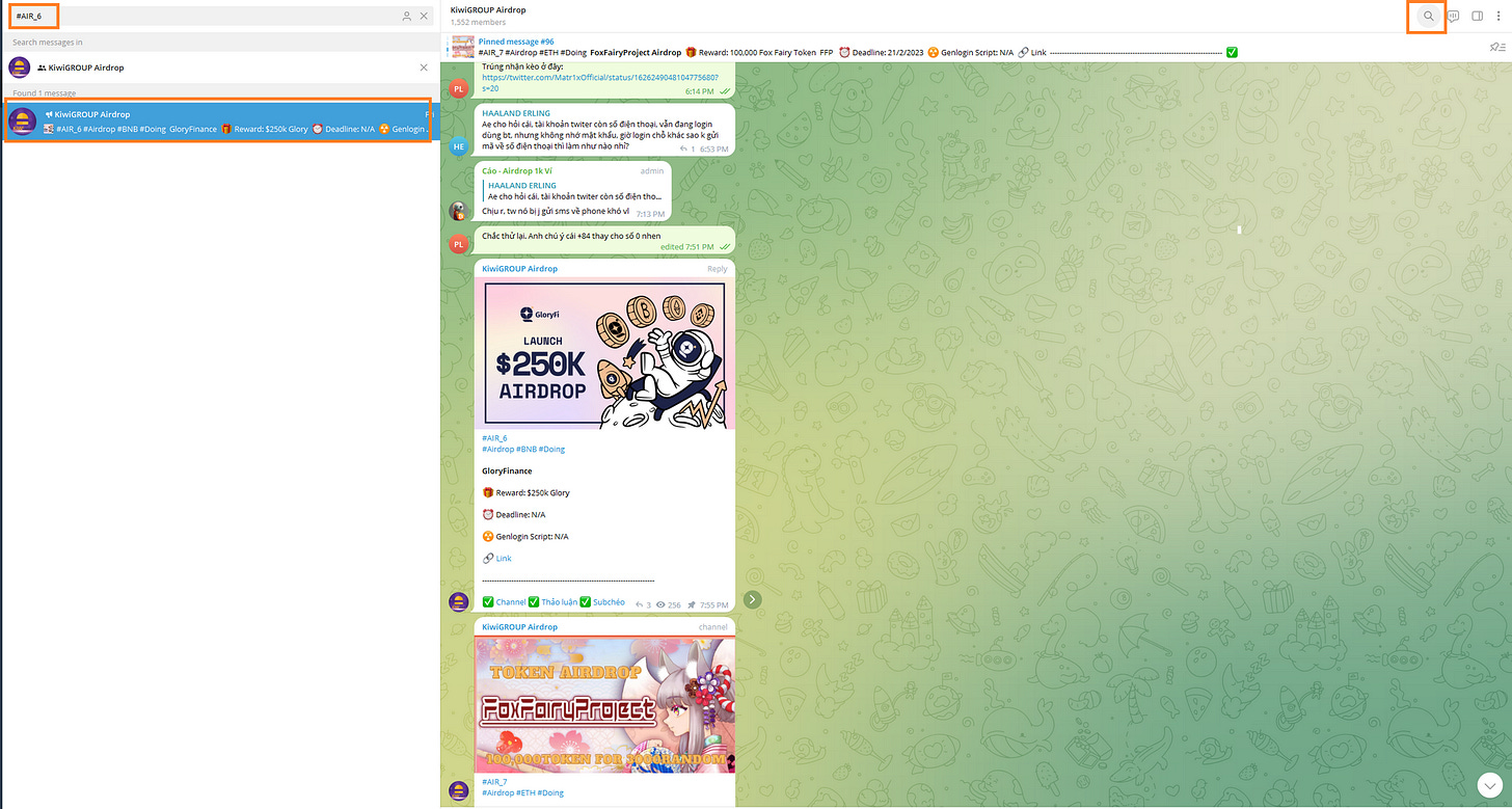 Vào ô tìm kiếm và tìm bài Airdrop về dự án mà anh em muốn làm