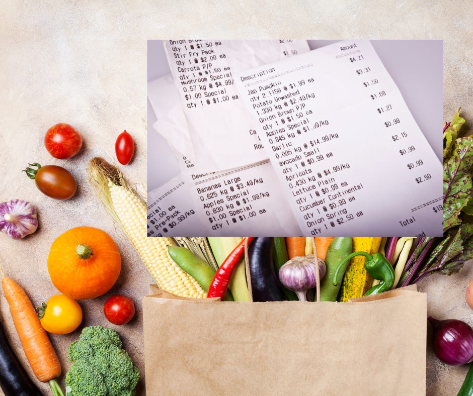 Grocery bag in the background with grocery receipts as an inset