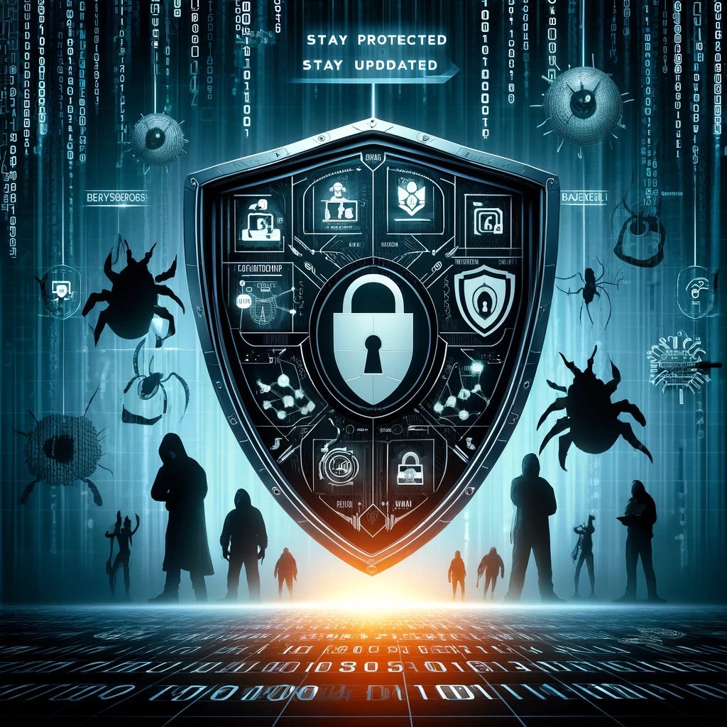The visual captures a cybersecurity theme, illustrating the critical nature of staying ahead in the cyber battle. At the center, a digital shield emblazoned with the symbols of various cybersecurity measures (like a lock, a firewall, and a bug to represent bug hunting) stands strong against a backdrop of digital code and binary numbers cascading down. Surrounding the shield, silhouettes of cyber threats loom ominously—shadowy figures, malicious software icons, and hacker symbols, all trying to penetrate the shield's defenses. Above, a banner proclaims 'Stay Protected, Stay Updated' in bold, digital font, emphasizing the message of vigilance and preparedness in cybersecurity. The overall tone is one of resilience and proactive defense in a digital world.