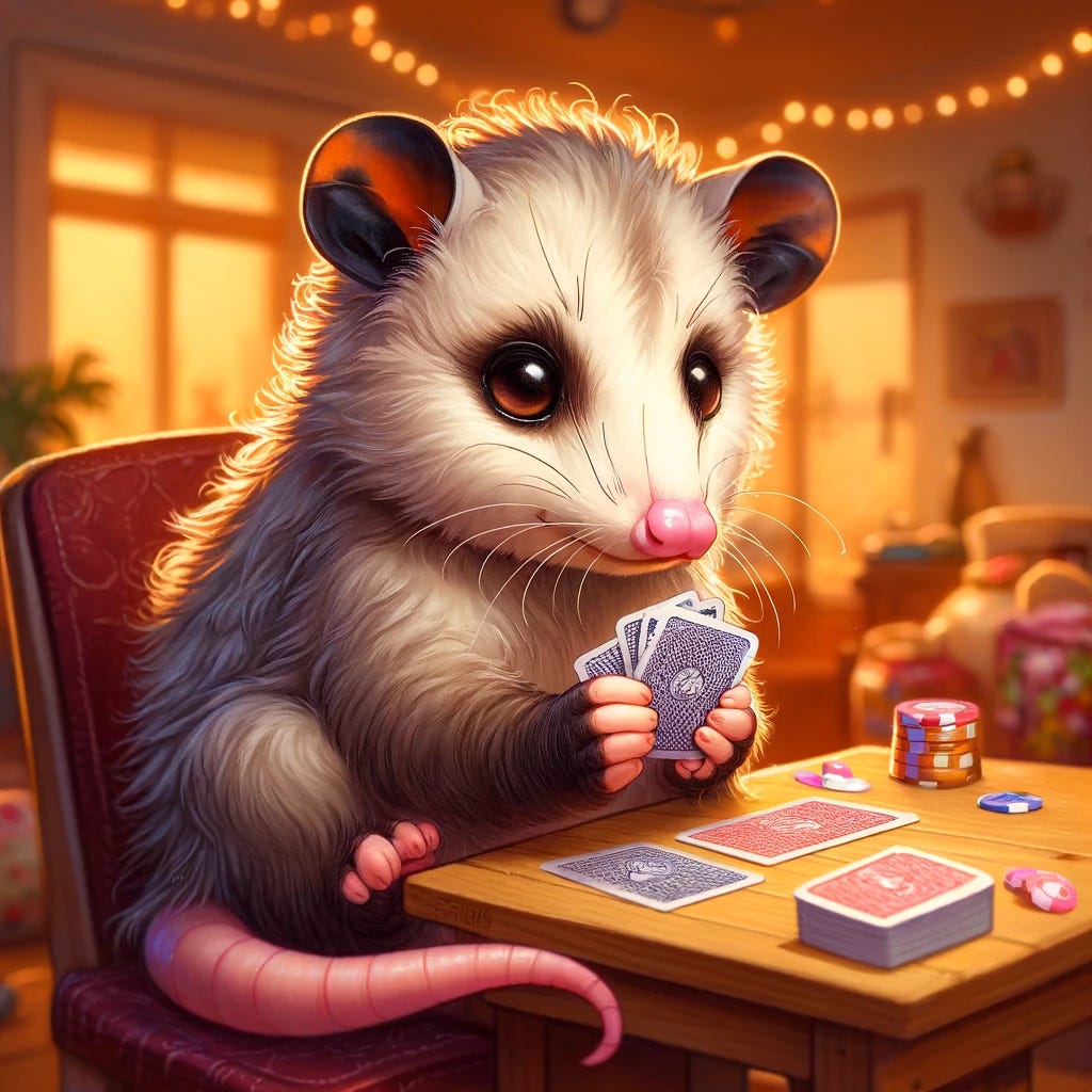 Illustration of a cute opossum playing a card game at a small table in a cozy, warmly lit room. The opossum holds cards in its paws with a focused expression, surrounded by colorful cards scattered on the table and small snacks. The background includes soft lighting and homey decorations, creating a friendly, inviting atmosphere.