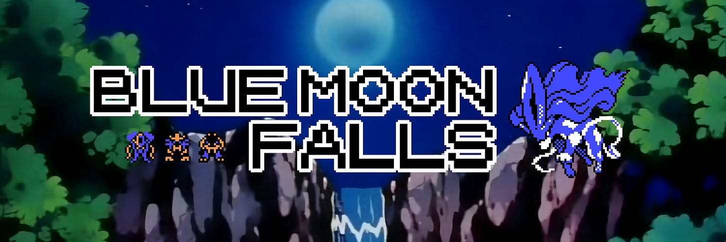 The Blue Moon Falls header, featuring Entei, Raikou and Suicune sprites, and the anime location the name originates from