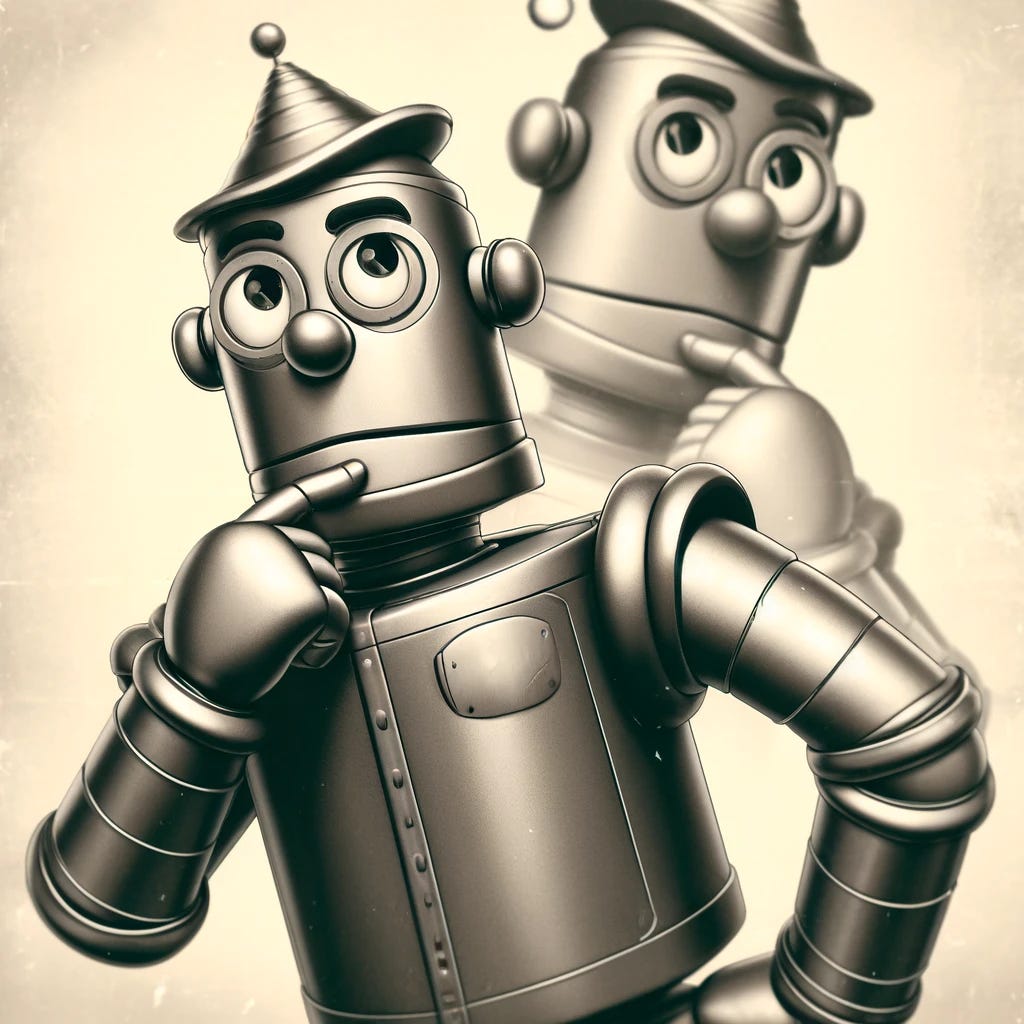 A single comical looking robot resembling a big tin man, with a retro-futuristic design, large round eyes, and exaggeratedly stiff joints. The robot is in a pose of deep contemplation, with one hand on its chin and a thoughtful expression. Behind it is a faded image of itself, representing the fact it's deep in thought. The overall scene is humorous yet introspective.