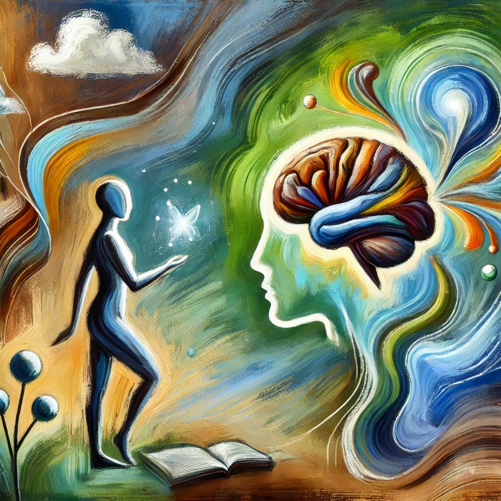 An abstract, playful painting representing the concept of AI and education, focusing on the balance between learning effort and AI assistance. The main object is a figure of a student interacting with an abstract form of AI, symbolized by soft, flowing shapes and bright lines, blending into the student's thought process. The background uses shades of green, blue, brown, and black to create a natural atmosphere, while visible brushstrokes add texture. The composition should evoke a sense of harmony and reflection, where AI helps but does not replace the learning effort.