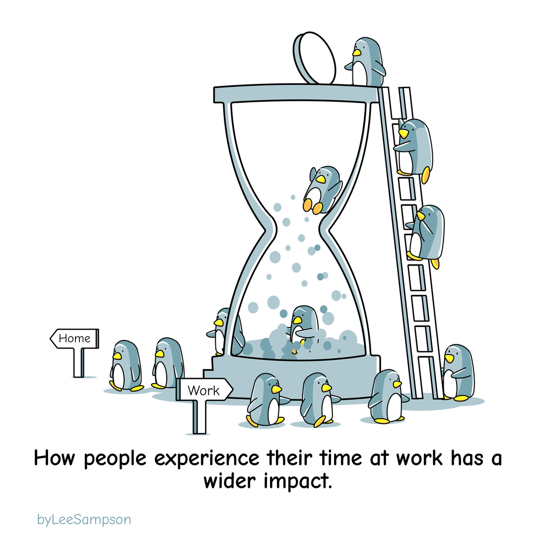 A leadership cartoon featuring penguins highlighting the impact of time at work has on people outside work, by Lee Sampson.