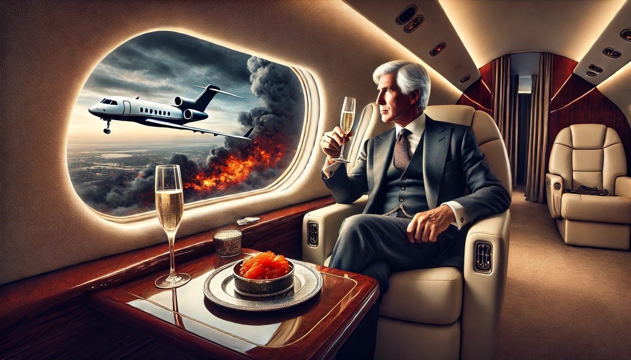 Politician enjoying champagne and caviar on a private jet.