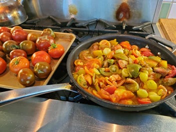 Pan with tomatoes on stove