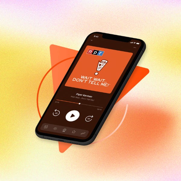 NPR podcast on a phone screen on a gradient background