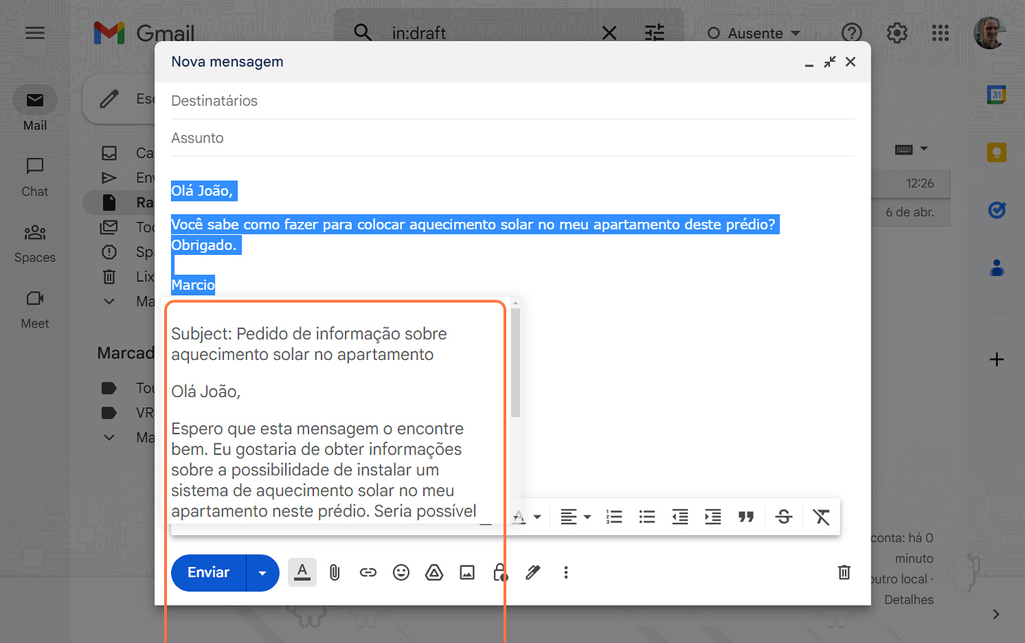 Aguarde aparecer a sugestão de texto do ChatGPT para Gmail