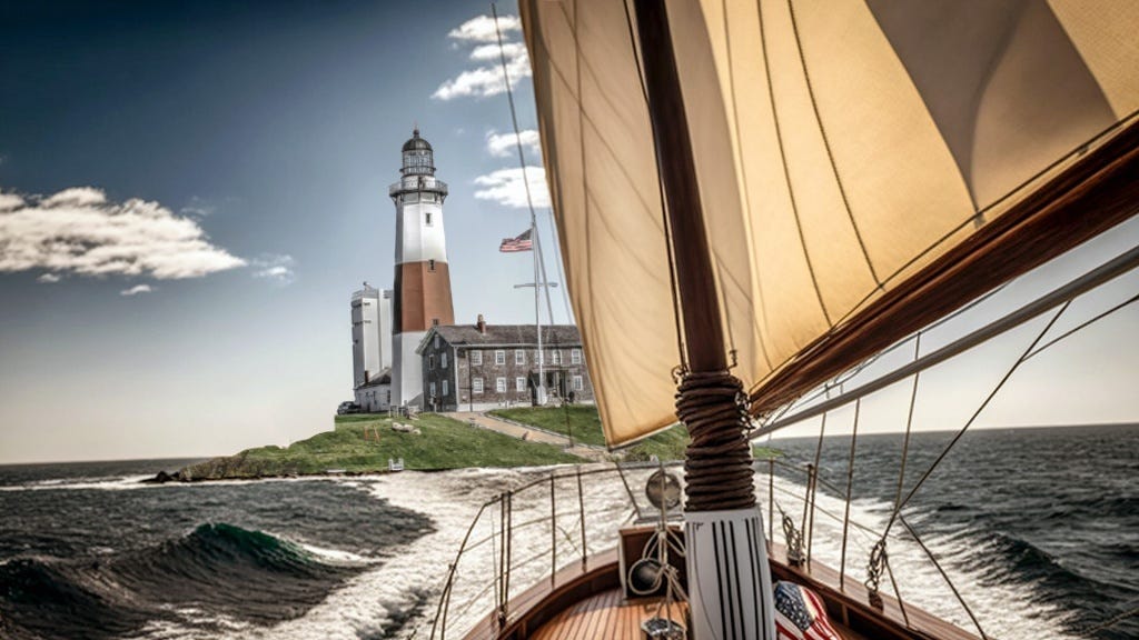 “Slouching Toward Montauk,” original illustration. A fantasy photo of the lighthouse at Montauk Point, shot from the deck of a private sailboat, framed by the sails.