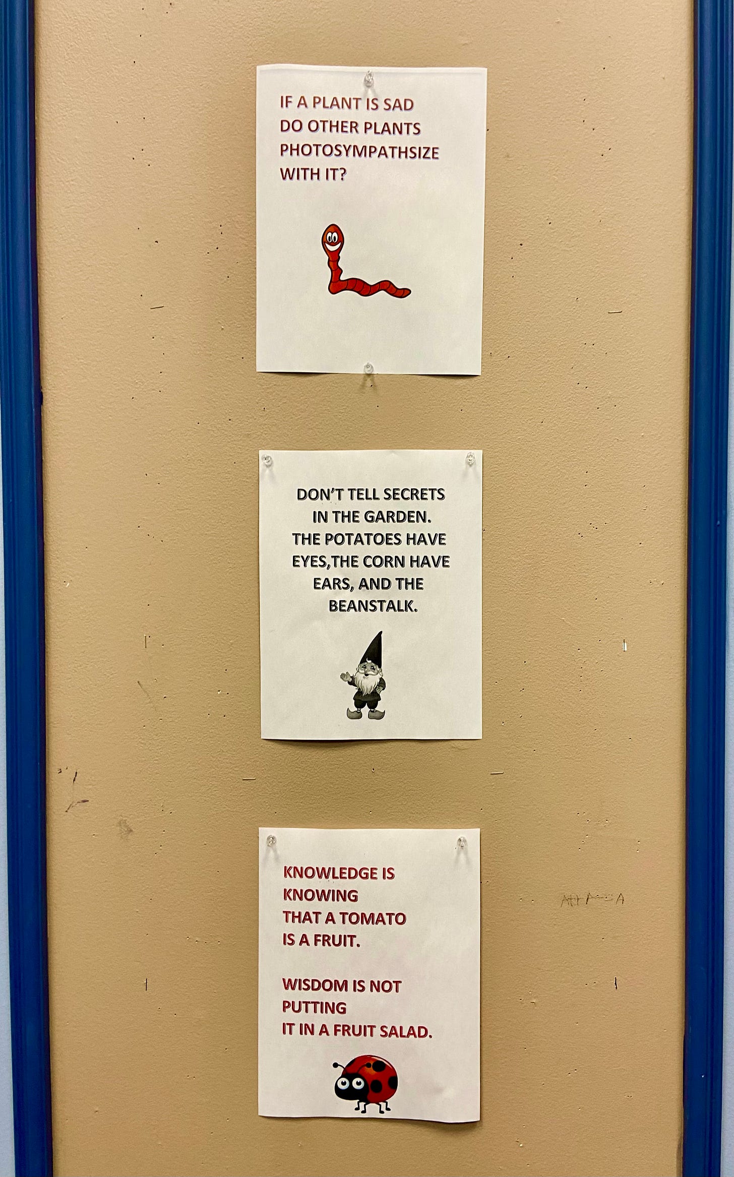 3 pieces of paper vertically placed on wall, with jokes