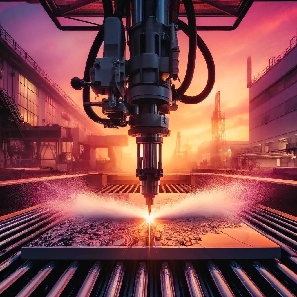 A waterjet machine processing advanced ceramics materials, set against a backdrop of sunset colors. The scene features the machine with water jetting out, cutting through the ceramic materials with precision. The surrounding environment is bathed in warm hues of orange, pink, and purple from the sunset, creating a striking contrast with the metallic and ceramic surfaces. The overall atmosphere is a blend of industrial efficiency and serene beauty, capturing the intricate process in a visually stunning way.