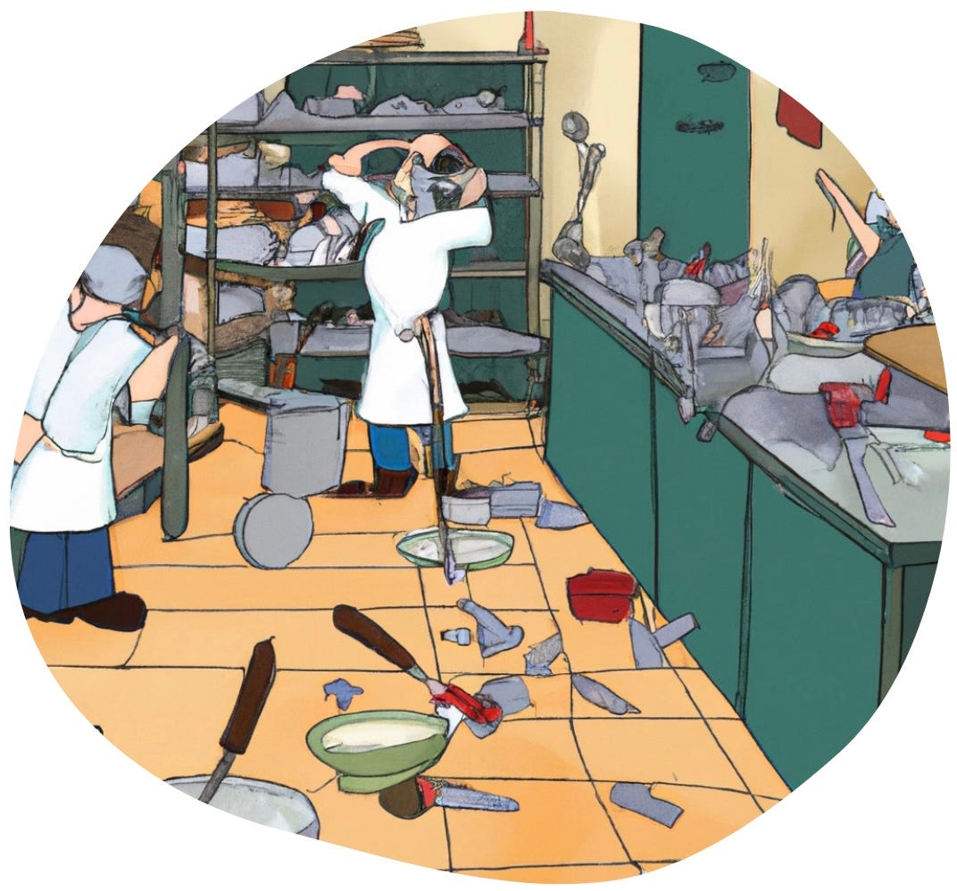 A cartoon of a chaotic kitchen framed in an asymmetrical circular shape.