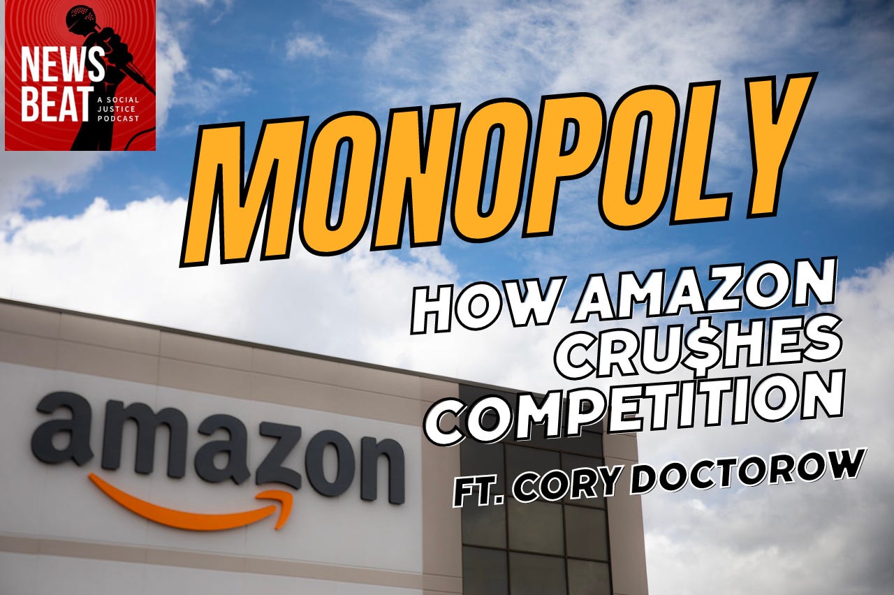 A photo of an Amazon building with the text 'Monopoly' and 'How Amazon Crushes Competition'