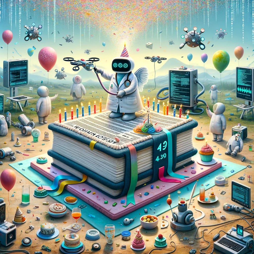 A whimsical and humorous scene depicting a birthday party for a medical newsletter, combining surrealism, celebration, medical themes, and AI technology. The centerpiece is a large birthday cake, shaped like a medical journal, complete with edible pages and a stethoscope decoration. The comically oversized AI robotic surgeon is cutting the cake, adorned with digital displays and circuit patterns. Around the scene are AI-themed elements like drones with party hats, floating syringes filled with colorful liquid, and digital data streams. The background is a dreamlike landscape filled with oversized computer components and medical instruments, under a sky that blends binary code with party balloons, creating a festive, tech-savvy, and medical-themed party atmosphere.