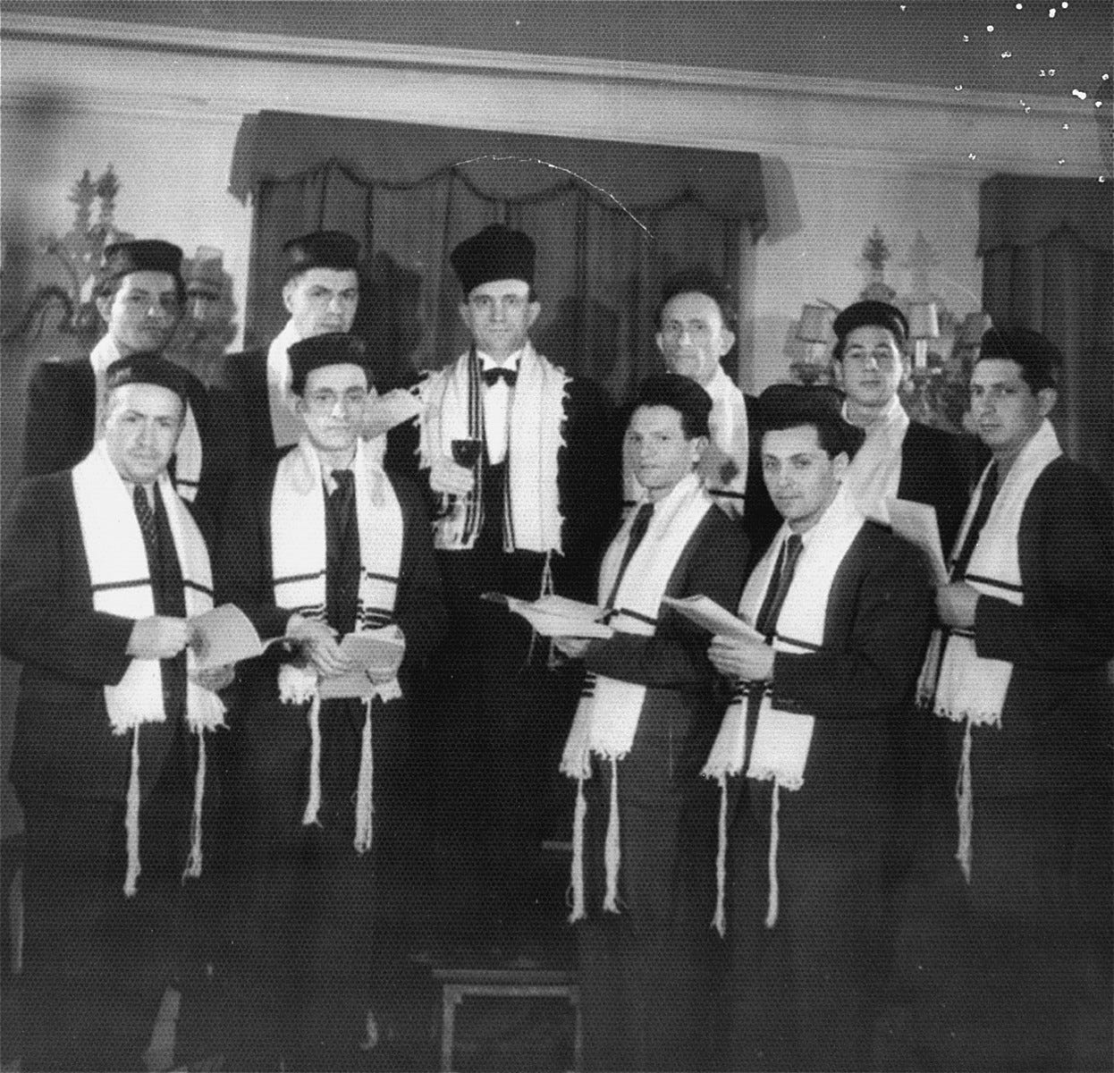 Members of a Jewish choir pose in prayer shawls in a synagogue in Munich. -  Collections Search - United States Holocaust Memorial Museum