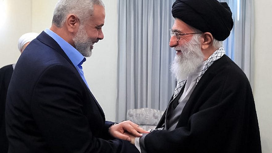 Hamas political chief Ismail Haniyeh (left) with Iran's Supreme Leader Ayatollah Ali Khamenei in Iran in January 2018. Credit: Iran Times via Wikimedia Commons.