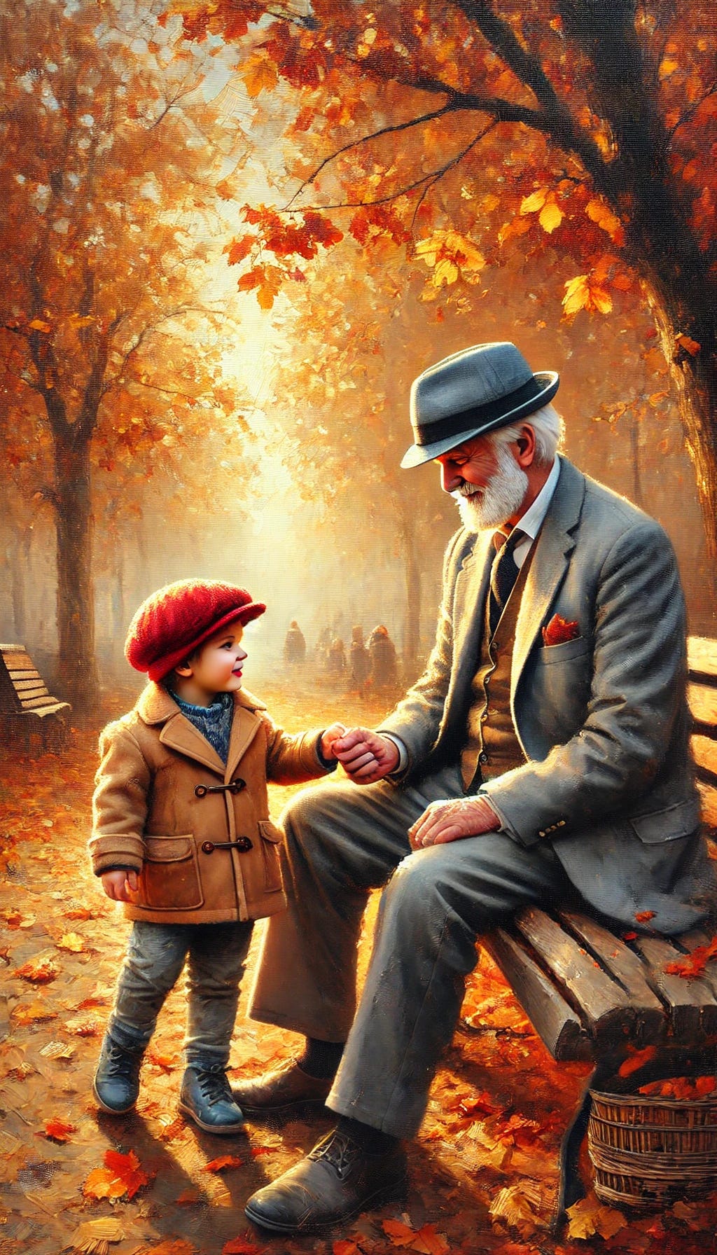 An oil painting of a grandfather and his grandchild, the grandfather is seated on a bench, smiling gently, wearing a flat cap and a gray suit, the grandchild is standing, reaching out to hold his hand, wearing a red hat and a beige coat. The background shows an autumn park with fallen leaves, soft sunlight filtering through the trees, warm and nostalgic atmosphere. Created Using: warm color palette, impressionistic brushstrokes, soft lighting, detailed facial expressions, textured canvas, serene mood, natural elements, glibatree prompt, subtle shadows, gentle highlights, emotional depth