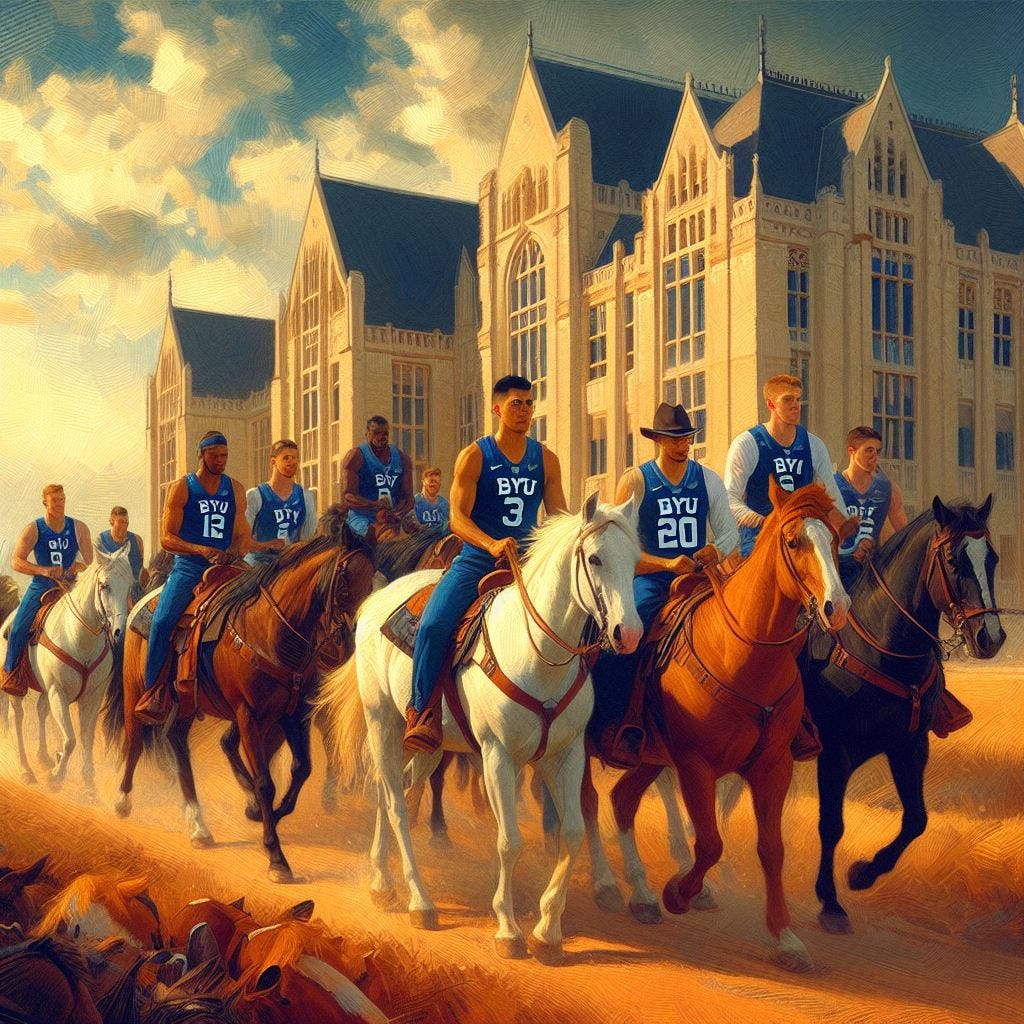 The BYU men's basketball team riding horses onto the University of Oklahoma campus, impressionism