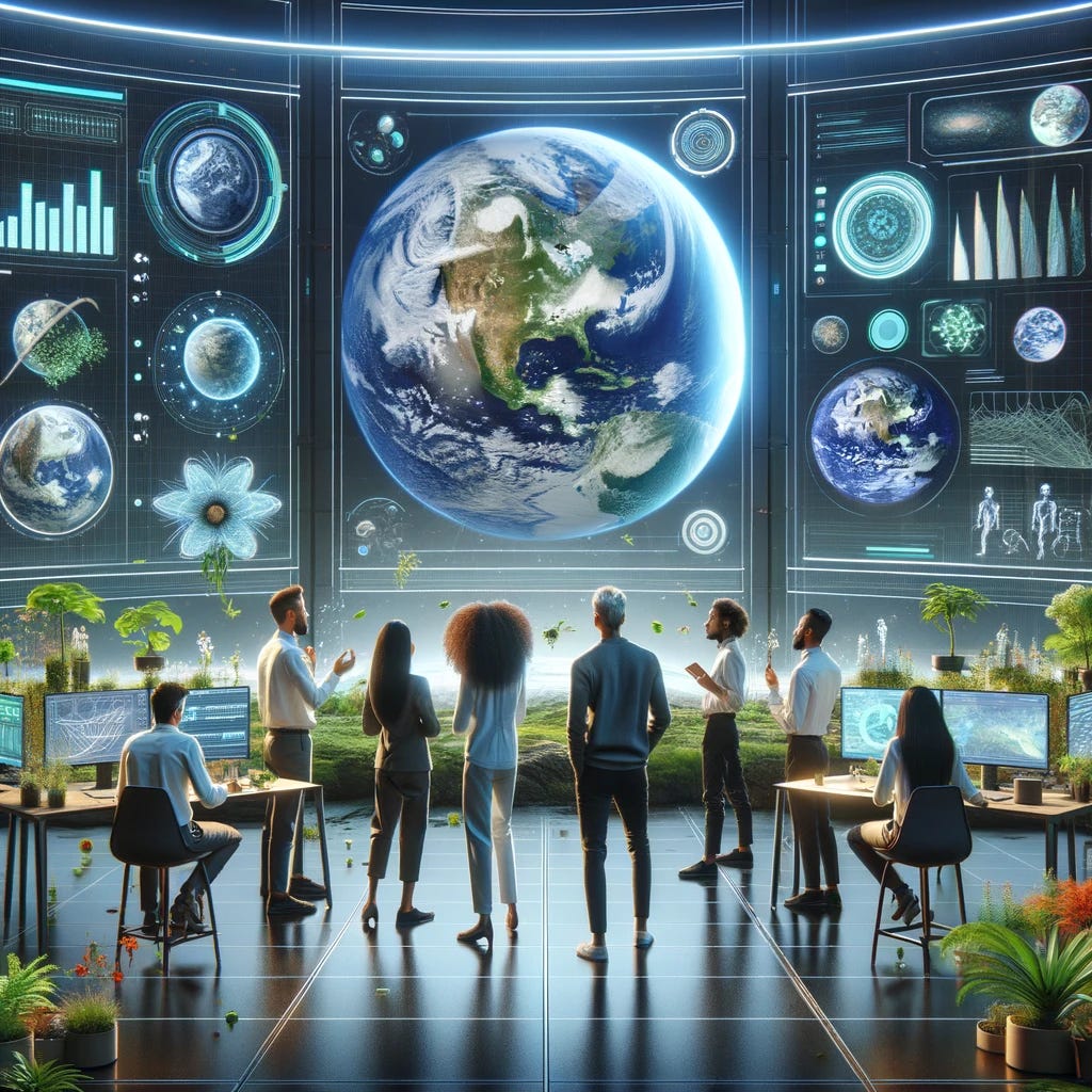 A futuristic and visionary scene depicting a group of systems scientists working together to create a protopian Earth. The setting is a high-tech laboratory with large screens displaying earth and ecological systems. There are four scientists, each from different descents: Caucasian, Hispanic, Black, and Middle-Eastern. They are wearing smart casual attire, engaged in discussion and analyzing data. The lab is filled with green plants, symbolizing thriving ecosystems. The atmosphere is optimistic and innovative, showcasing a blend of technology and nature.