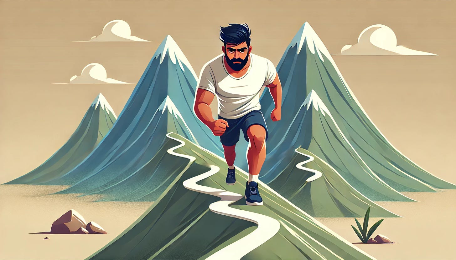 A 40-something year old Indian man with trim black hair and a beard, relatively fit, climbing up a hilly path that symbolizes motivation peaks and valleys. The scene is depicted in a modern animated style, with landscape (wide) orientation. The hills and valleys are stylized, representing the journey with ups and downs in a metaphorical way. The background is soft and abstract, enhancing the focus on the journey. No text in the image.