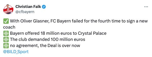 A tweet by Christian Falk about Bayern Munich's failed attempt to hire Oliver Glasner