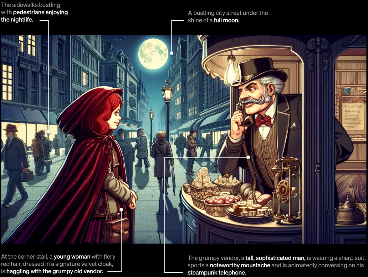 DALLE-3 Image of a steampunk street and woman haggling with a vendor