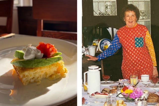 A serving of Eggs California, and a photo of Kristen’s Gram, Lenore, serving breakfast at her B&B in the early 90’s.