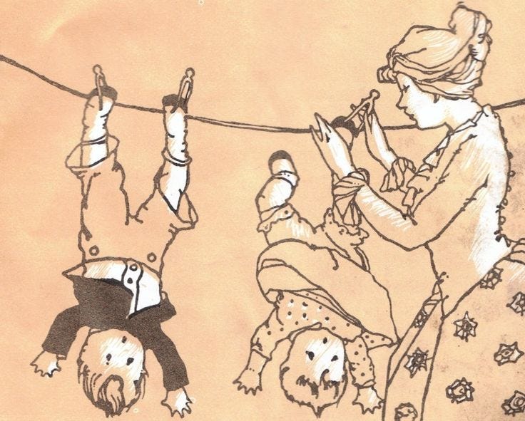 This may contain: a drawing of people hanging upside down on a line