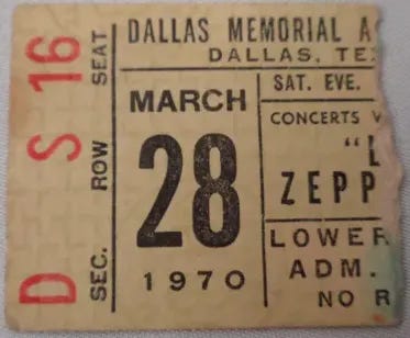 LED ZEPPELIN Original__1970__CONCERT TICKET STUB__Dallas__EX- - Picture 1 of 3