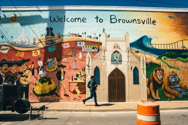 A New York Times photo, by Meredith Kohut, of a new and colorful mural in Brownsville, Texas.