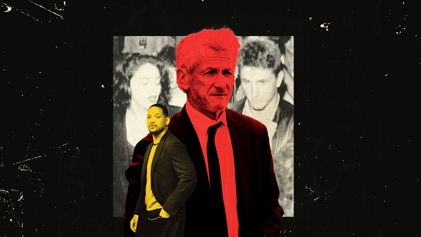 A photo illustration of Sean Penn and Will Smith over a vintage picture of Sean Penn with Madonna A photo illustration of Sean Penn and Will Smith over a vintage picture of Sean Penn with Madonna