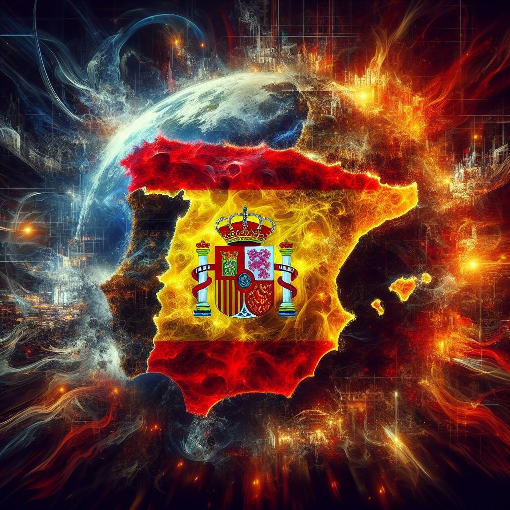 A digital art image that shows Spain in the world, with elements of intensity, power, energy, globality, and chaos